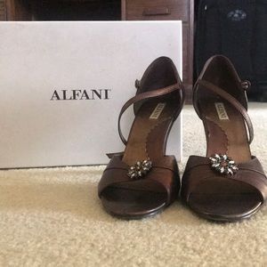 Bronze heels with colored rhinestone detail